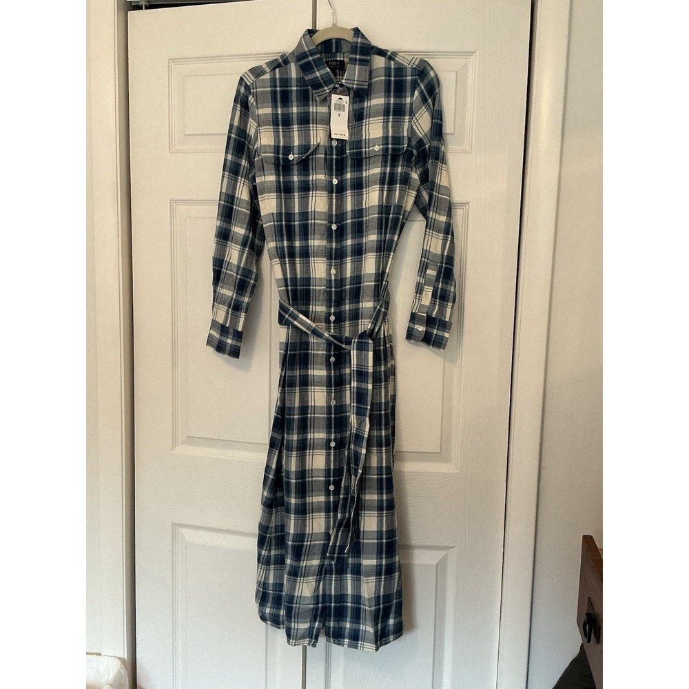 NWT Ralph Lauren Polo Women's 6 Plaid Cotton Shirtdress Blue Long Sleeve Belted